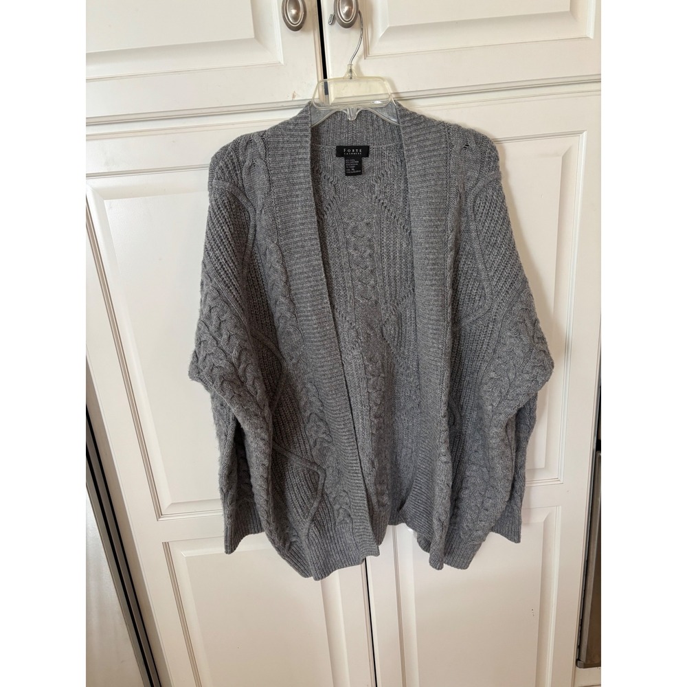 Forte Cashmere Wool‎ Blend Cable Knit Open Front Cardigan Sweater Gray XL